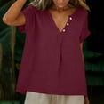 thumbnail image 6 of Women's Cotton Linen Shirts Short Sleeve Deep V Neck Button Down Casual Loose Fit Solid Color Basic Tees Wine, 6 of 8