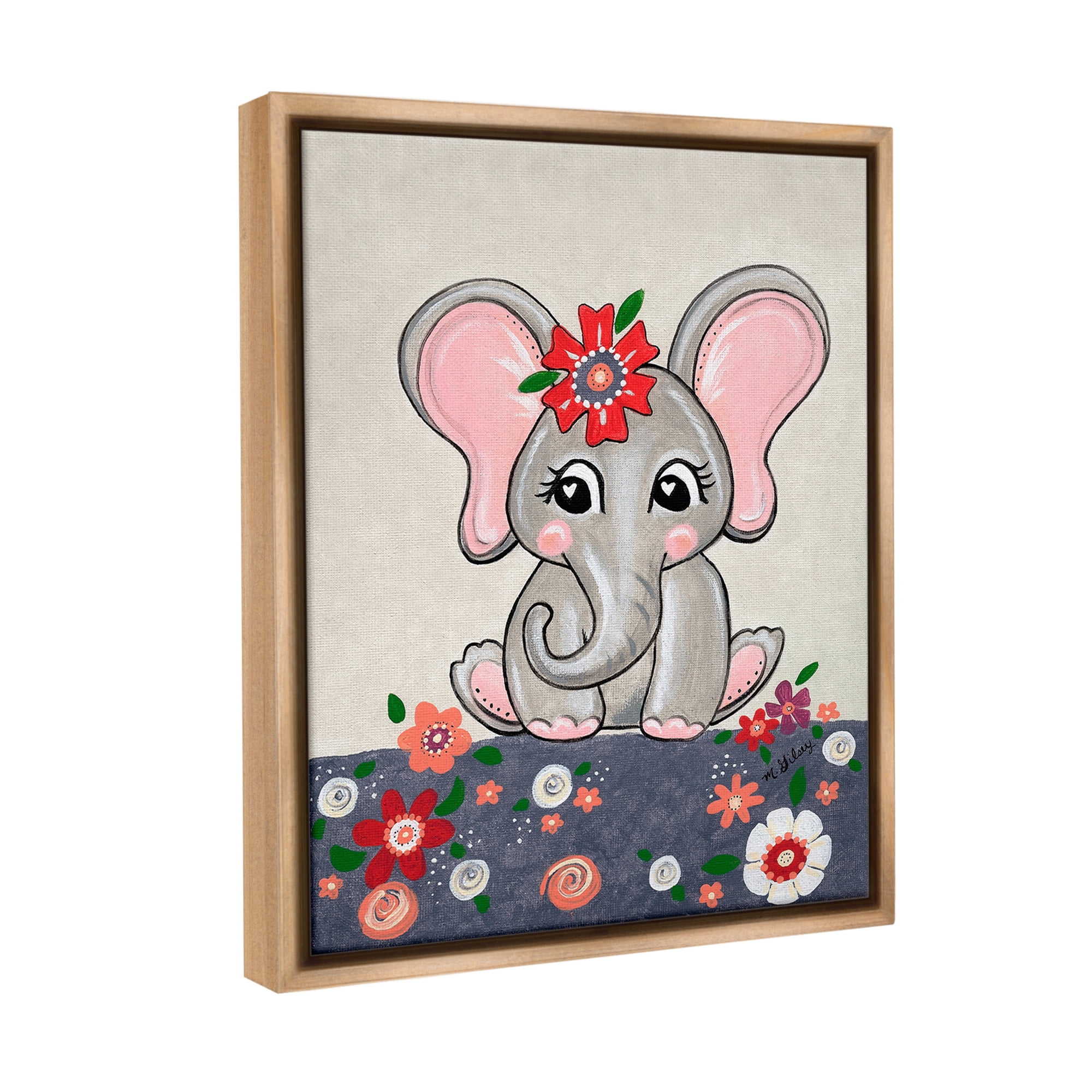Stupell Industries Baby Elephant & Flowers Animals & Insects Painting Brown Floater Framed Canvas Art Print Wall Art, 17 x 21