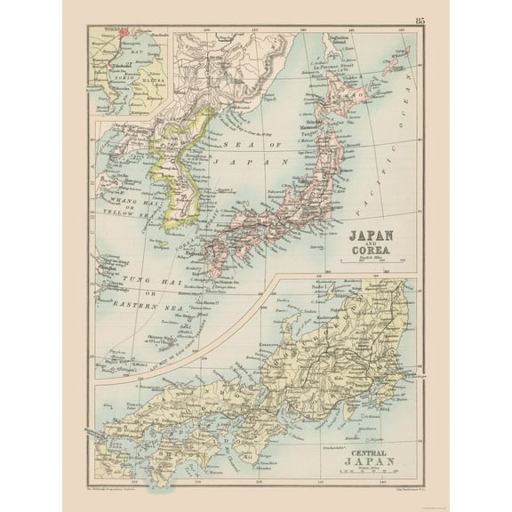Historic Map - Japan Korea - Bartholomew 1892 - Vintage Wall Art
