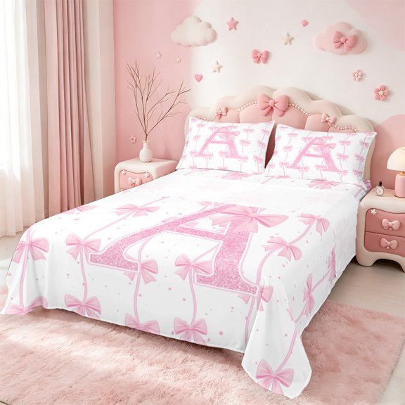 Manfei Letter A Monogrammed Twin Sheet Sets,Cute Bow Knot Twin Fitted Sheet,Pink Glitter Print Flat Sheet For Girl,Microfiber Room Decorative,3 Pieces