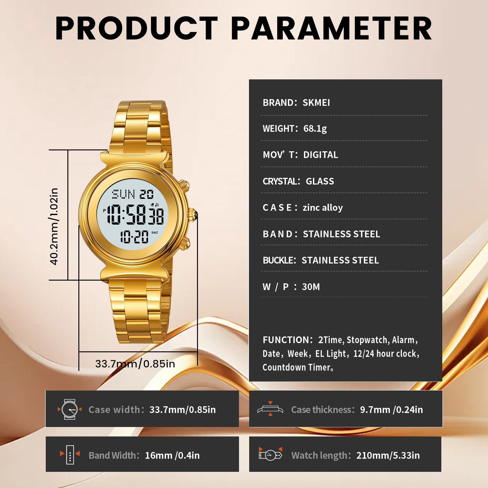 SKMEI Women Digital Watch Waterproof Dual Time Date LED Watch Ladies Business Wristwatch Stainless Steel Watch for Women