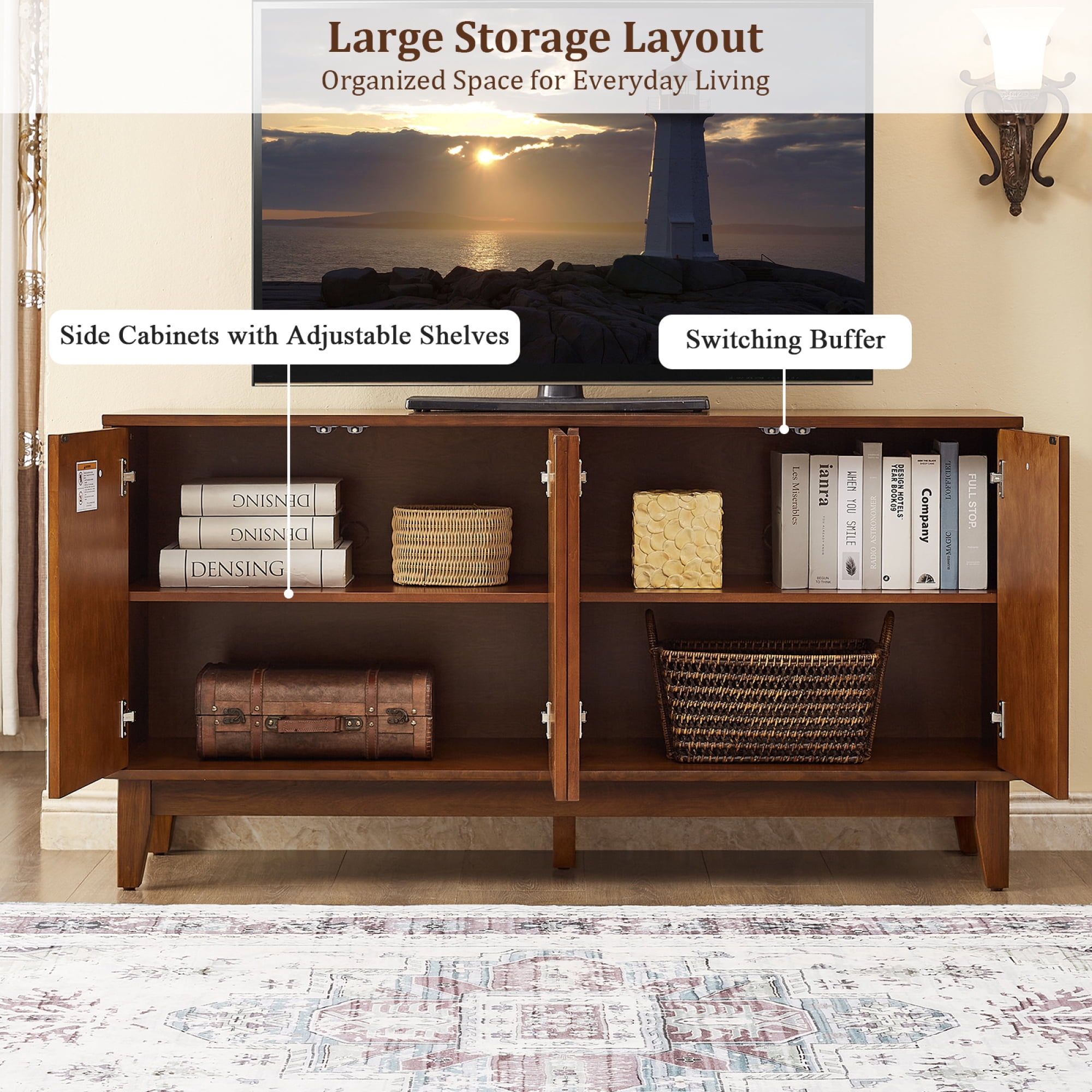 Leumius 56" Mid Century Modern TV Stand, Wood Storage Cabinet with Carved Geometric Doors, 4 Door Media Console, Sideboard Buffet Cabinet for Living Room Dining Room Entryway Walnut