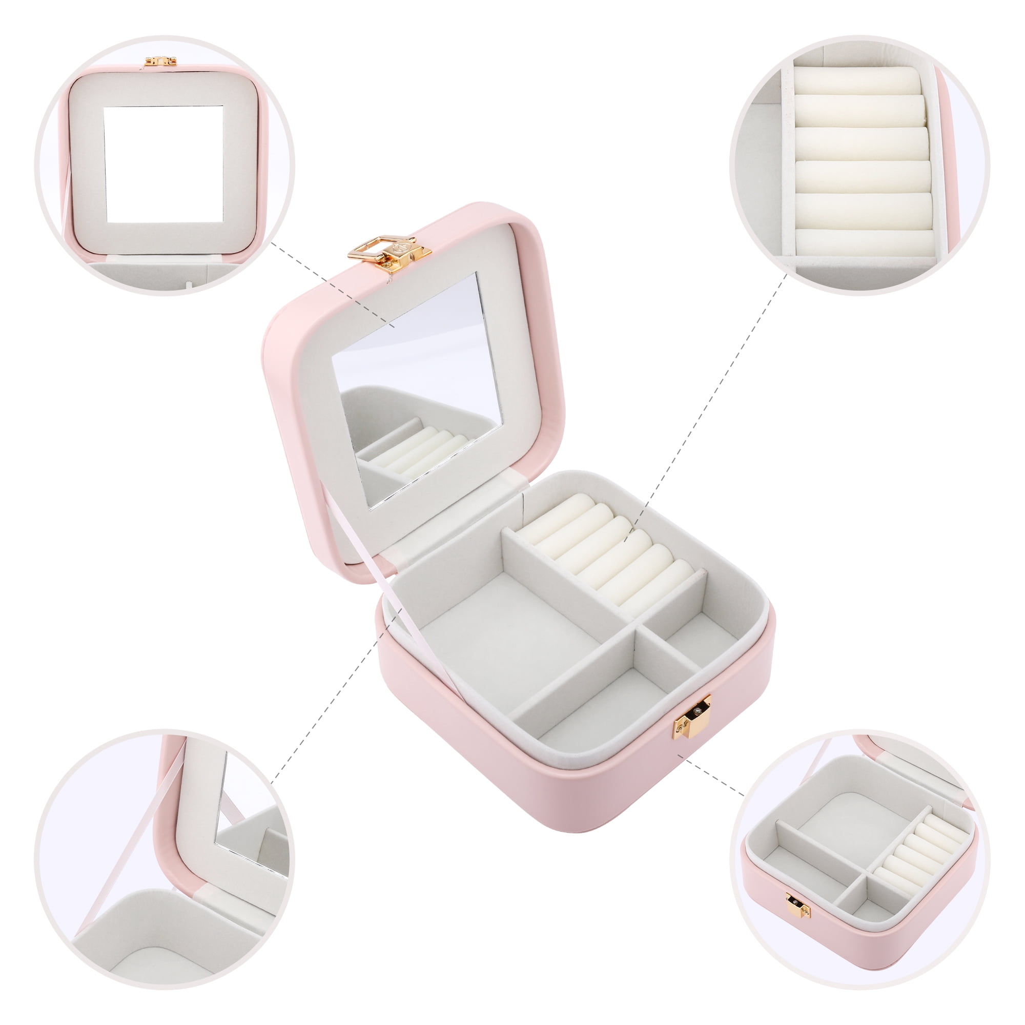 Unique Bargains PU Leather Jewelry Box Jewelry Organizer with Mirror Pink