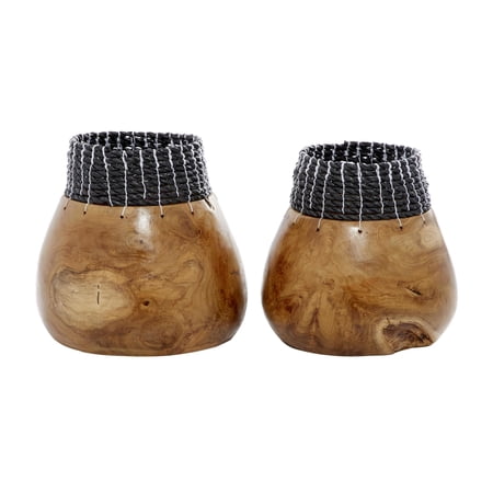 DecMode 10", 9"H Handmade Brown Wood Vase with Black Seagrass Accents, Set of 2
