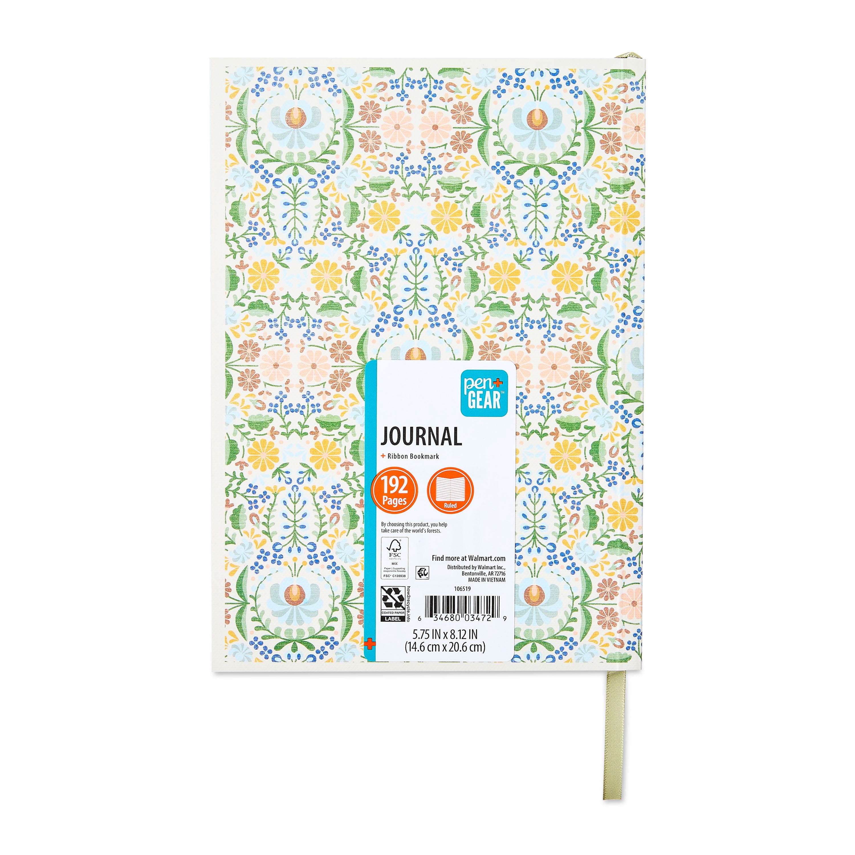 Pen+Gear Journal Ruled Vegan Leather Hardcover 5.75" x 8.12" 192 Pages, Pink Floral, Note-Taking Journal
