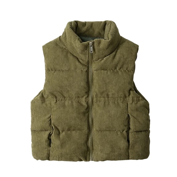 ZACPNCV Girls Corduroy Puffer Vest Solid Stand Collar Full Zip Quilted Padded Sleeveless Gilet with Pockets Kids Fashion Winter Warm Waistcoat,Olive Green