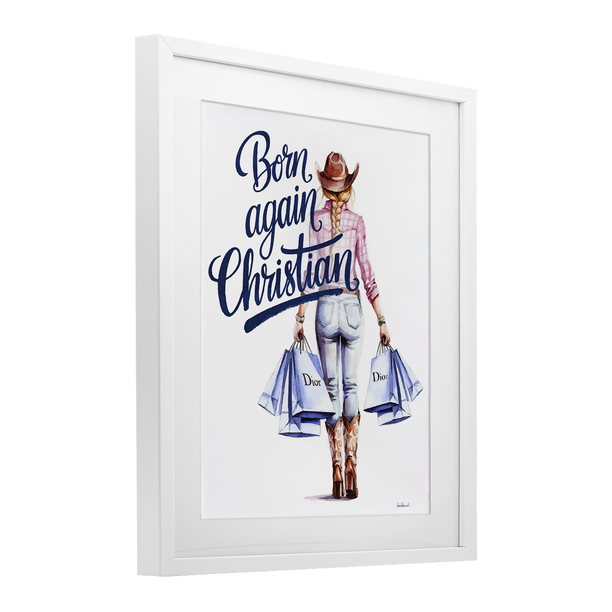 Born Again Christian Cowgirl White Framed Print Under Glass, design by Amanda Greenwood