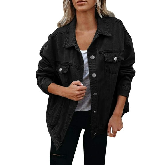 Cnbwig Women's Trendy Jackets Solid Color Denim Jacket with Collar Washed Long Sleeve Oversize Button Down Coat Jean Vintage Coats 2025 Fall Fashion Outfits A-Black L