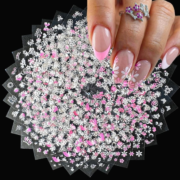 Puyokinm 30 hojas de stickers para uñas con flores blancas y rosas