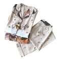 thumbnail image 4 of Women Pajama Set Long Sleeve Print V Neck Button Top + Loose Trousers Summer Cotton Home Clothes, 4 of 4