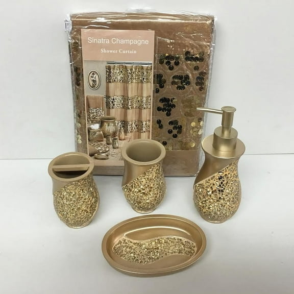 Popular Bath 5 Piece Sinatra GOLD Shower Curtain and Resin Bath Accessories Set