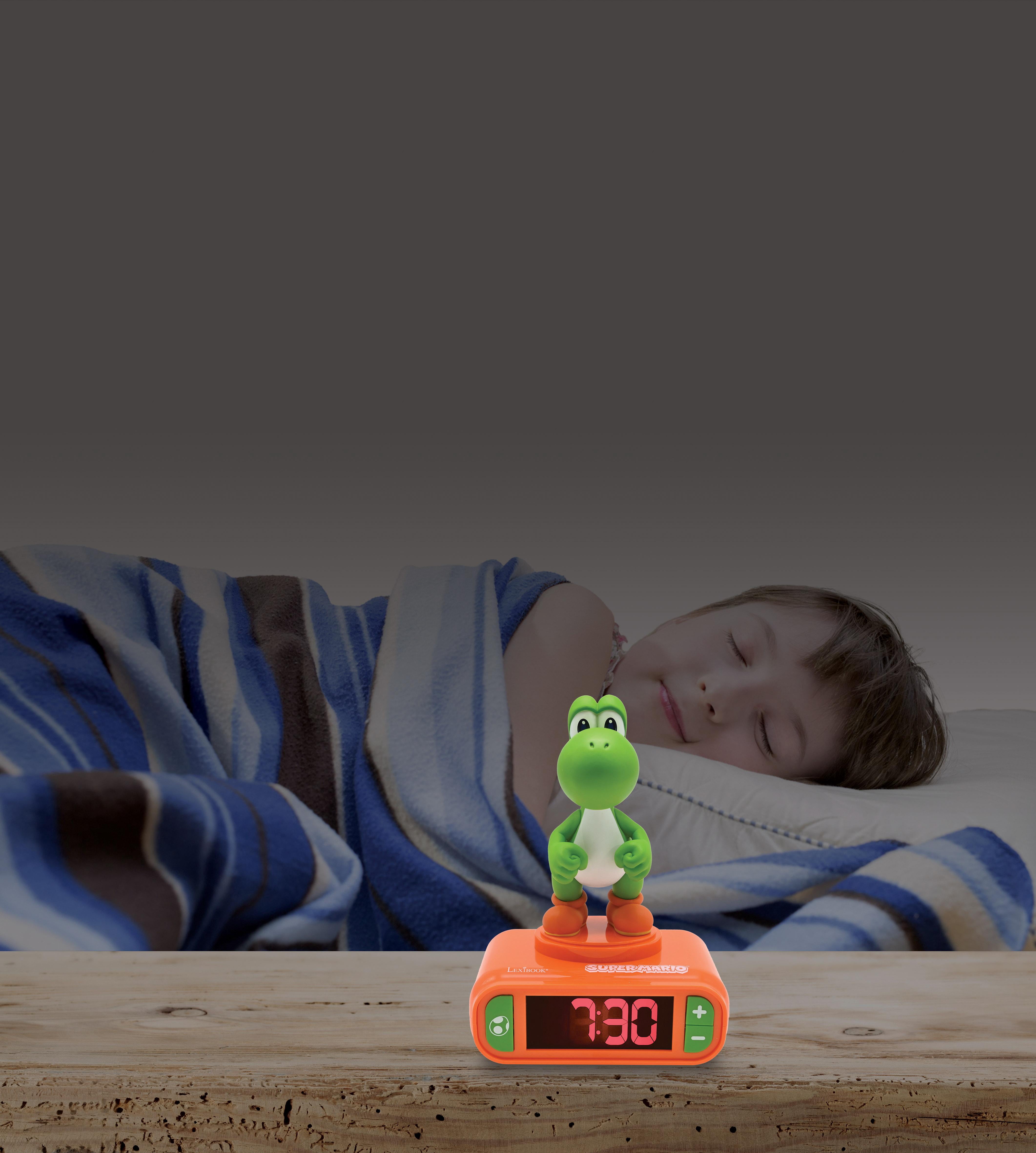 Lexibook, Super Mario, Yoshi Nightlight Alarm Clock, Sounds and Melodies, LCD Backlit Screen, Luminous, Snooze, Red/Green