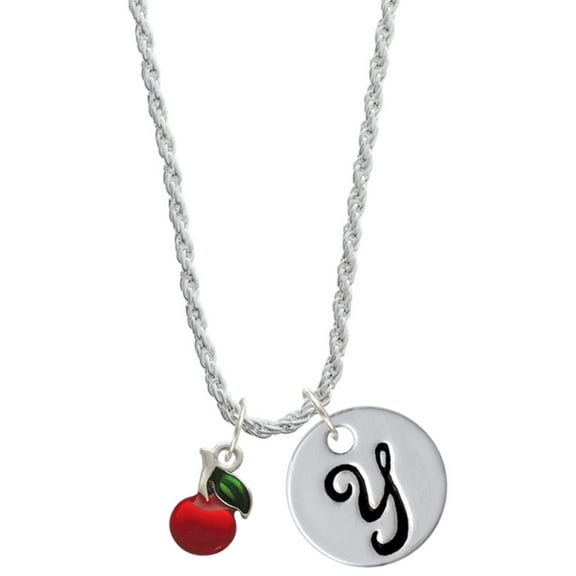 Delight Jewelry Silvertone Single Cherry Silvertone Script Initial Disc - Y - Charm Necklace, 20"+3"