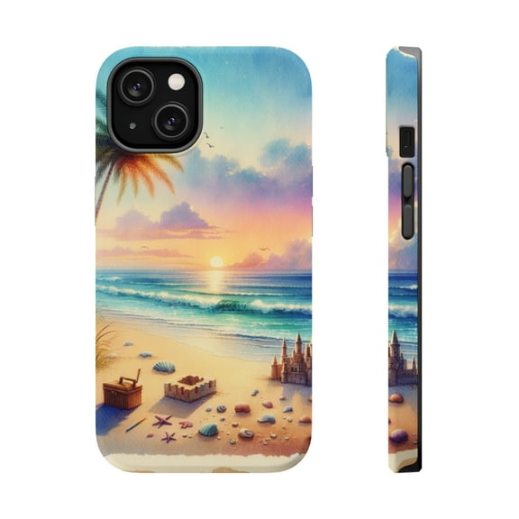 DistinctInk Tough Case for Apple iPhone 13 (6.1" Screen), Compatible with MagSafe Charging - "A Serene Sunset on an Empty Beach"
