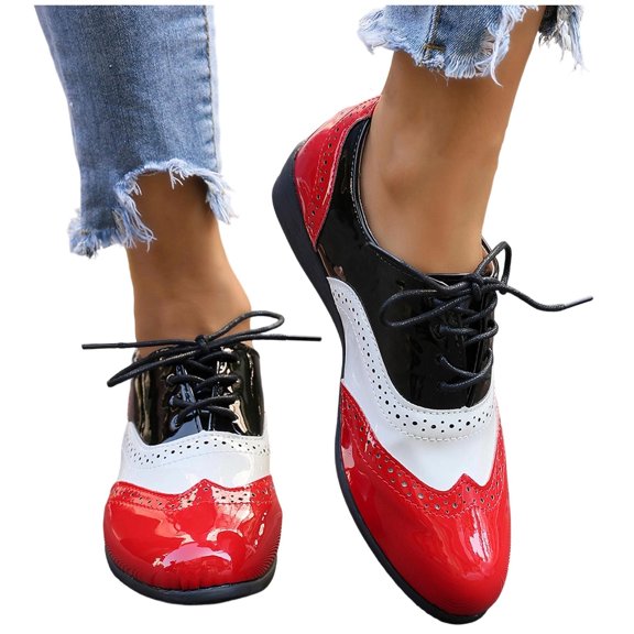 Gpaecead Women Lace Up Brogue Oxfords Patent Leather Anti Slip Sole Spring Summer Flats For Office And Campus, Red