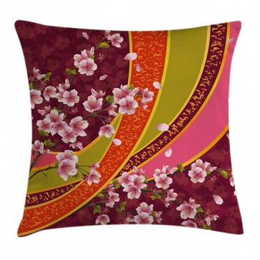 Flower Throw Pillow Cushion Cover, Oriental Backdrop Sakura Blossom Japanese Cherry Tree Print, Decorative Square Accent Pillow Case, 20 X 20 Inches, Maroon Light Pink Green and Orange, by Ambesonne