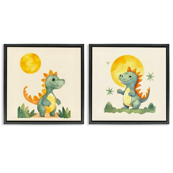 Stupell Industries Happy Dinos & Moon Animals Painting Black Floater Framed Canvas Art Print Wall Art, 18 x 18, Set of 2
