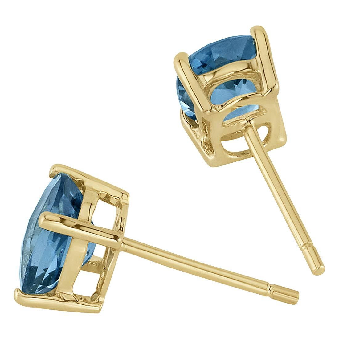 Peora London Blue Topaz Earrings for Women in 14 Karat Yellow Gold, Classic Solitaire Studs, 7x5mm Oval Shape, 2 Carats total, Friction Back