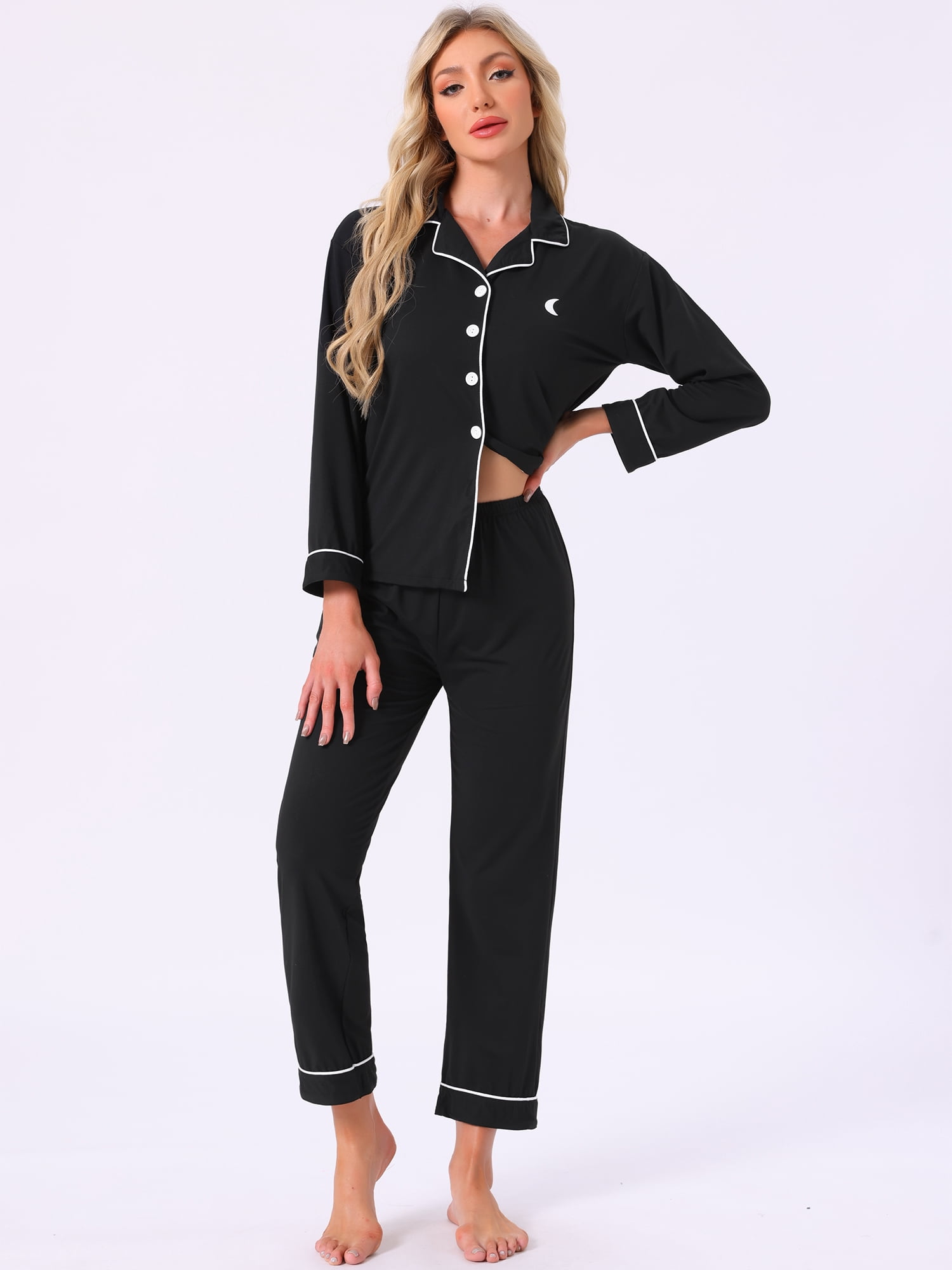 DARING DIVA Women's Cotton Button Down Long Sleeve Shirt and Pants Pajama Sets L Black