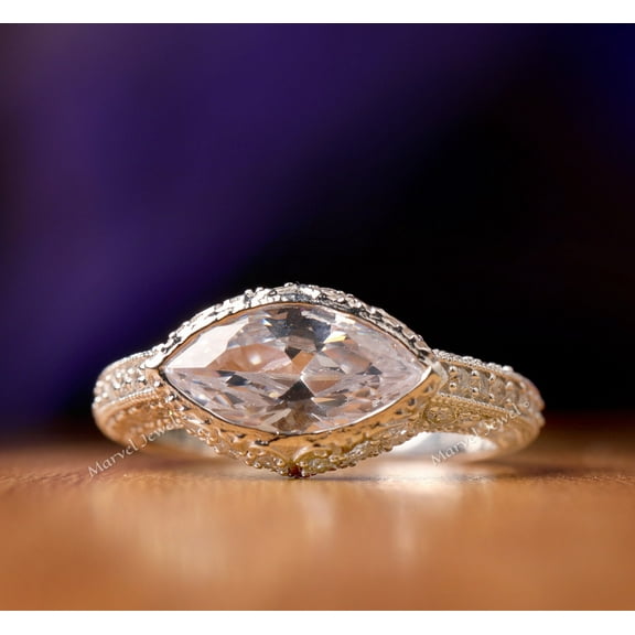 East West Marquise Cut Diamond Engagement Ring, Solitaire With Accent Diamond Wedding Ring, Bezel Set Halo Diamond Ring, 925 Sterling Silver, 2.3 Ct Simulated Diamond