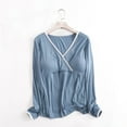 thumbnail image 2 of T Shirt Built-in Padded Bra Soft Pajama Tops Long Sleeve Shirts V Neck Shirts Fall Clothes Outfits Light Blue XL, 2 of 3