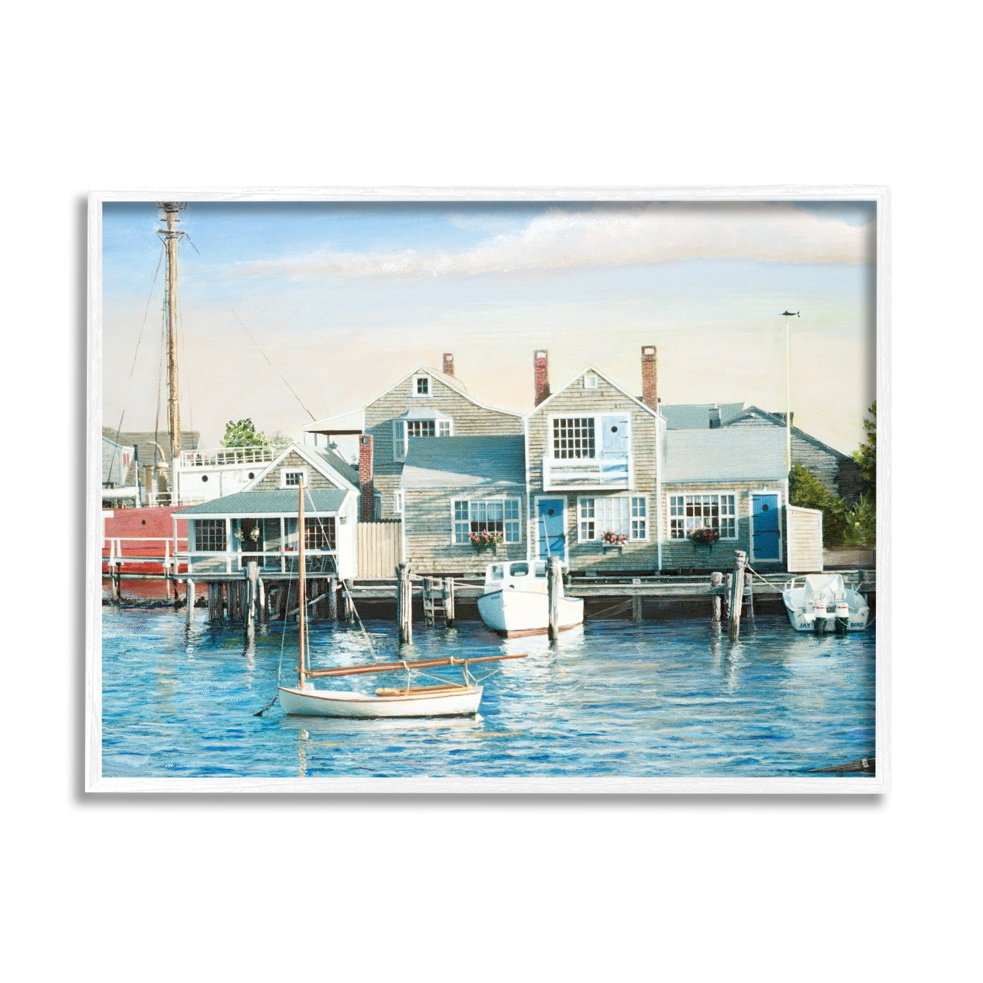 Stupell Industries Relaxing Boats Floating Harbor Marina Ocean Town Photograph White Framed Art Print Wall Art, Design by Tom Mielko
