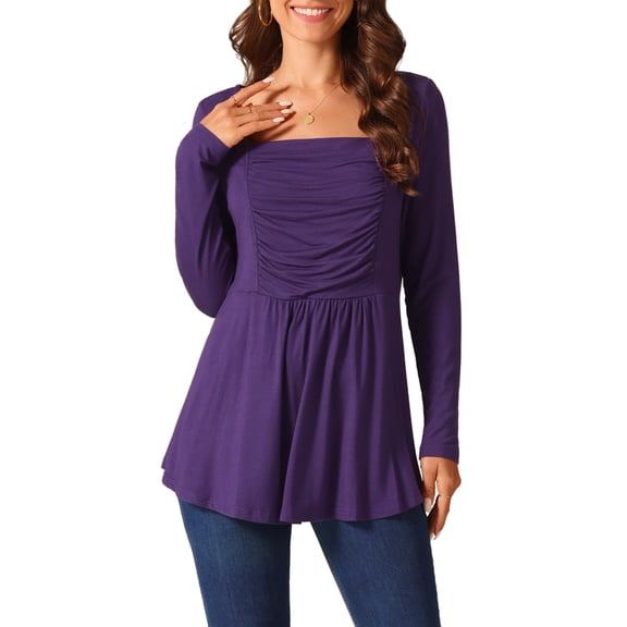 DARING DIVA Women's Long Sleeve Pleated Blouse Square Neck Babydoll Tops S Purple