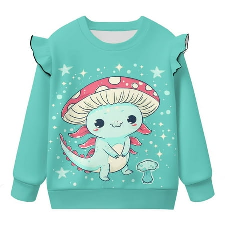 Yuyamidu Mushroom Axolotl Sweatshirt Girls 4T-5T Green Crewneck Ruffle Long Sleeve Top Cute Graphic Pullover Sweatshirts Casual Fall Outfits Lightweight Soft Workout Clothes