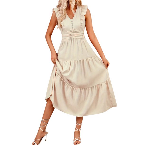 Vestido sin mangas jacquard liso con volantes para mujer: hombros descubiertos, fruncido, corte A en capas, poliéster-elastano, tallas S-XL