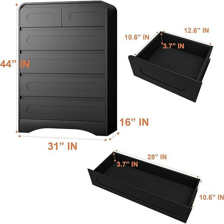 6 Drawer Dresser, 44" Tall Modern Chest of Drawers, Wood Drawer Organizer for Bedroom, Curved Edge Design, Farmhouse Style Dresser for Bedroom, Living Room, or Hallway (Black Finish) - Walmart.com 6 Drawer Dresser, 44" Tall Modern Chest of Drawers, Wood Drawer Organizer for Bedroom, Curved Edge Design, Farmhouse Style Dresser for Bedroom, Living Room, or Hallway (Black Finish) - Walmart.com