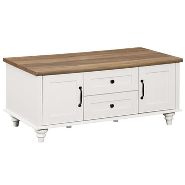 Farmhouse Coffee Table with Storage Cabinet & Drawer, White Center Table for Living Room