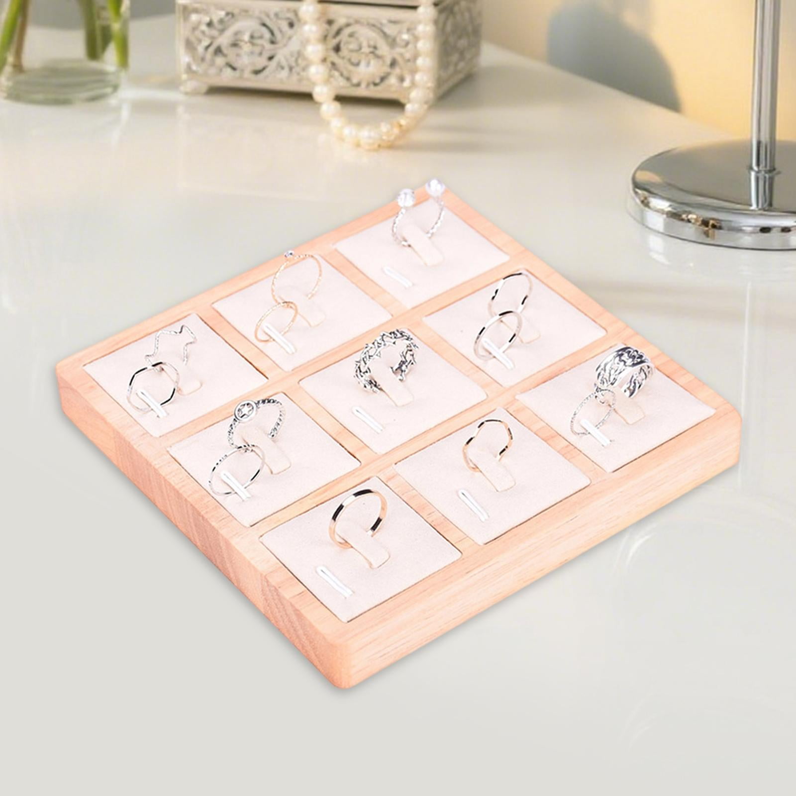 Ring Holder Tray Wooden Jewelry Display Microfiber Lining for Rings Earrings Bracelet Showcase Countertop