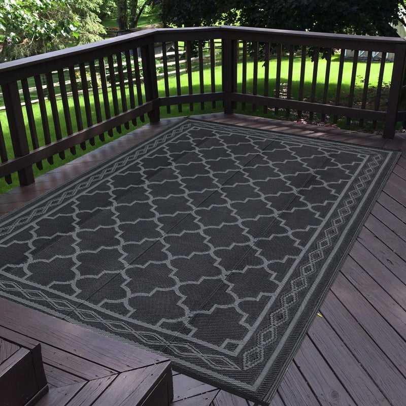 Towallmark 8x10 Outdoor Rug Waterproof, Reversible Patio Mat, Plastic Straw Area Rugs for Outside Deck Porch Balcony, Foldable Carpet for RV Camping Beach Picnic, Black&Grey