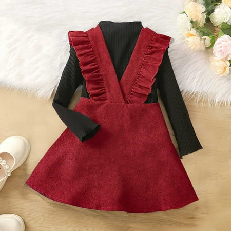 

Toddler Girls Outfit Sets Autumn Winter Long Sleeve Solid Color Ruffles Ribbed Tops Suspenders Skirt Two Piece Outwear