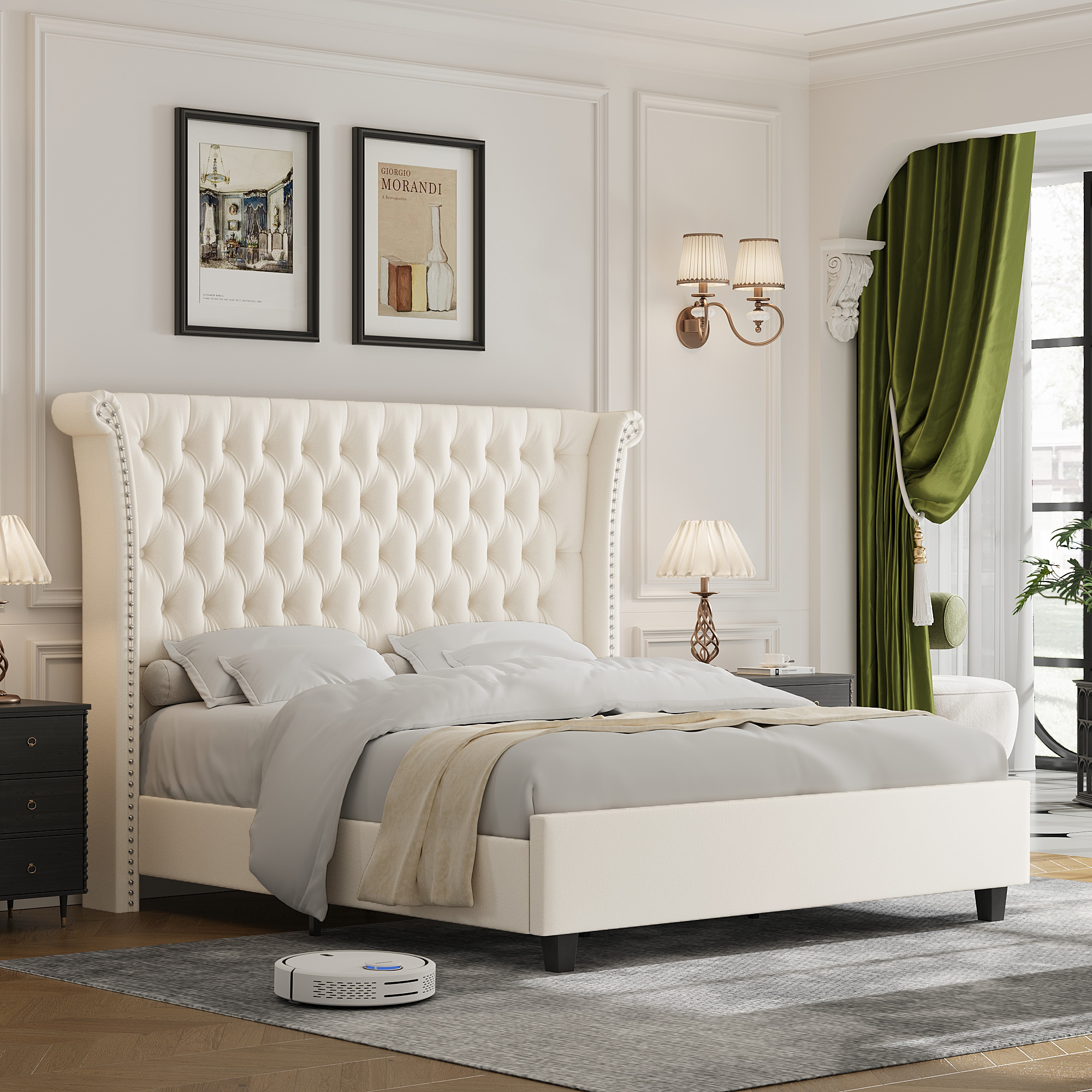 Homfa King Size Bed Frame, Modern Velvet Tufted Upholstered Platform Bed with Rivet Rolled Edge High Wingback Headboard, White - image 2 of 7