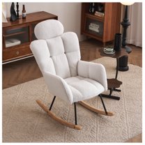 Teddy Fabric Rocking Glider Chair, Upholstered Nursery Accent Armchair with Pillow - Modern Living Room Bedroom Rocker, 250 LBS Capacity Headrest