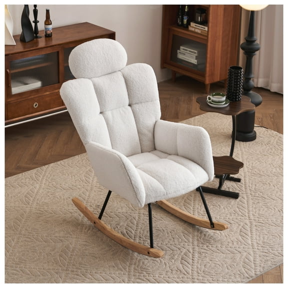 Teddy Fabric Rocking Glider Chair, Upholstered Nursery Accent Armchair with Pillow - Modern Living Room Bedroom Rocker, 250 LBS Capacity Headrest
