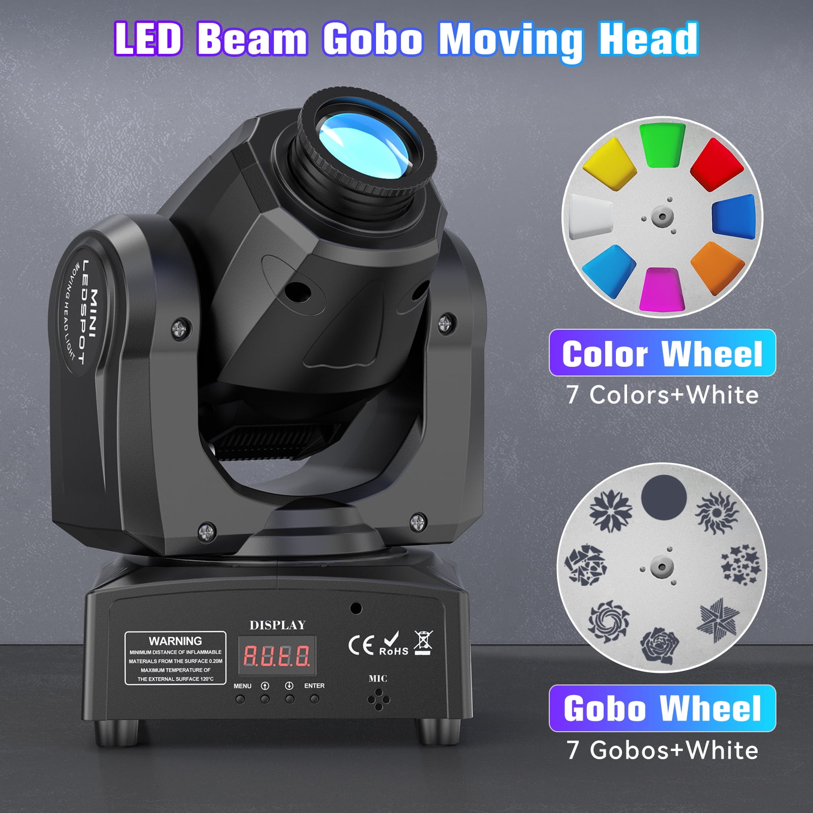 2Packs 60W LED Moving Head Light Stage Lights with Remote Control 7 GOBO 7 Colors Spotlight by DMX Controlled 11 Channel with Sound Activated for Disco Club Party Stage Lighting Shows