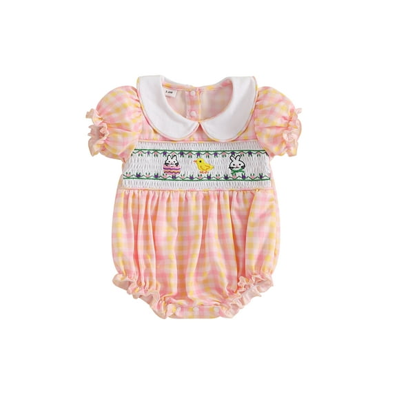 Miaouyo Baby Girls Romper, Short Sleeve Doll Collar Embroidery Rabbit Plaid Infant Bodysuit Easter Clothes