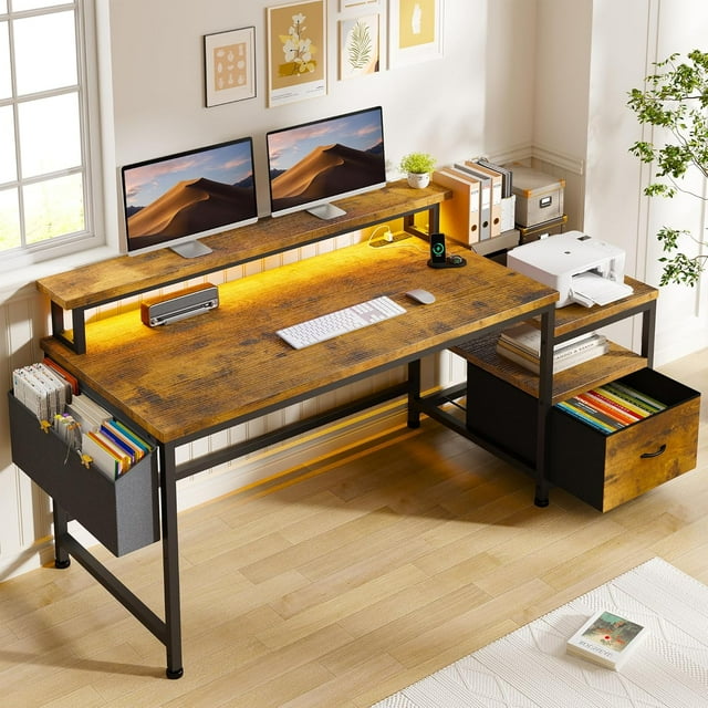 JJUN 57" Office Desk with Drawers and Printer Space,Computer Desk with Power Outlets,Home Office Desks with File Drawers Cabinet,Study and Gaming Desk with Shelves Monitor Stand,Rustic Brown