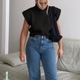 thumbnail image 3 of Gilet Chandail Femme Col Roulé Sans Manches Débardeurs Tricotés Épaulettes Mode Urbaine, 3 of 3