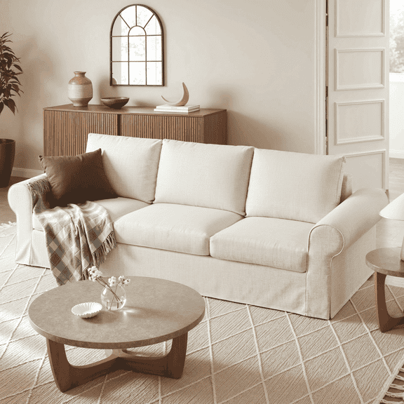Vorthio 89" 3-Seater Farmhouse Sofa, Deep Seat Couch with High Back Support, Removable Washable Cover, Rolled Arms, White