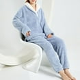 thumbnail image 4 of Women's Fuzzy Fleece Pajama Set Plush Long Sleeve Pants Pjs V Neck Cute Cozy Warm 2 Piece Comfy Baggy Soft Casual Oversized Lounge Set Blue X-Large, 4 of 5