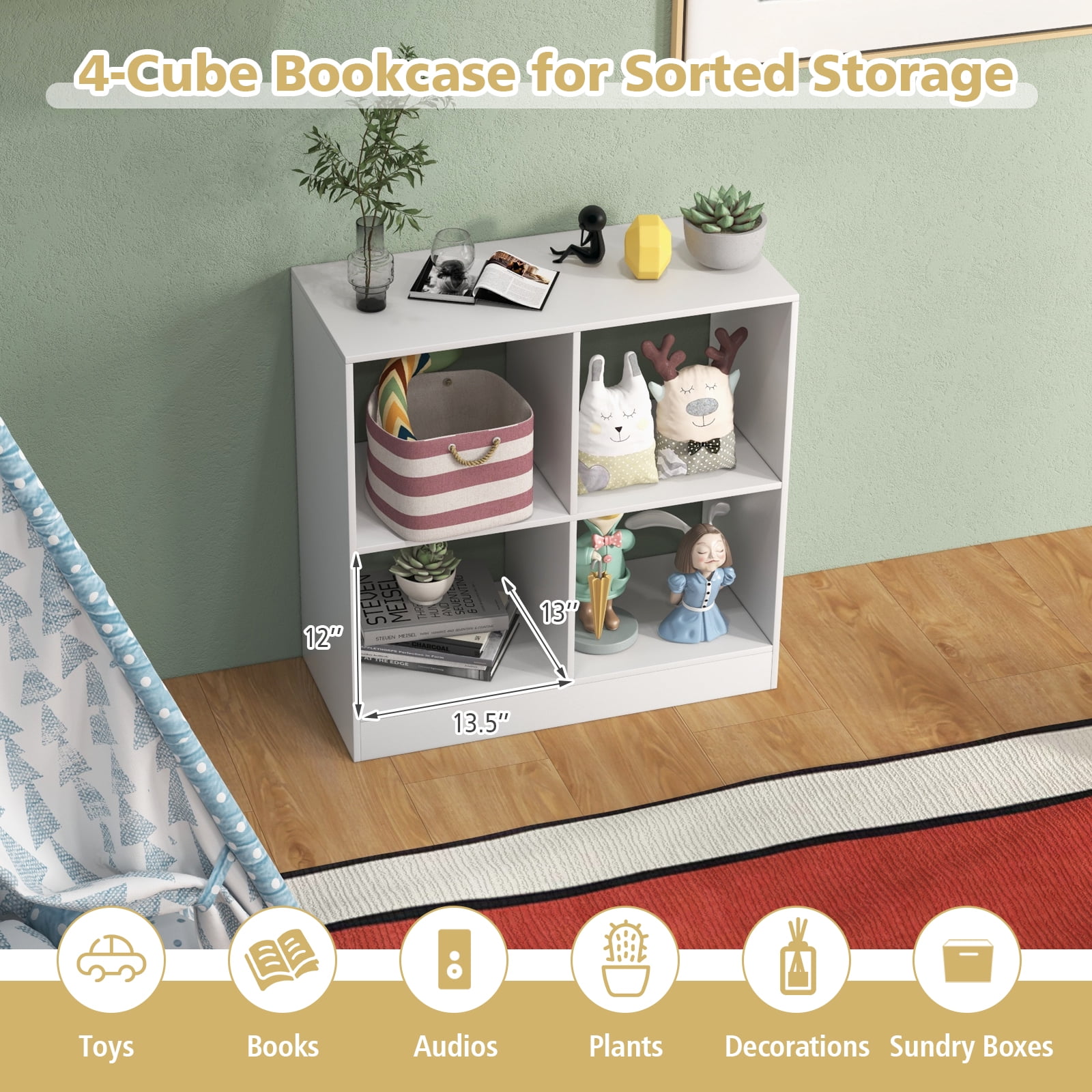Topbuy 4-Cube Bookcase Floor Open Wooden Bookshelf with 2 Anti-Tipping Kits Modern Shelving Organizer Multipurpose Storage Cabinet White