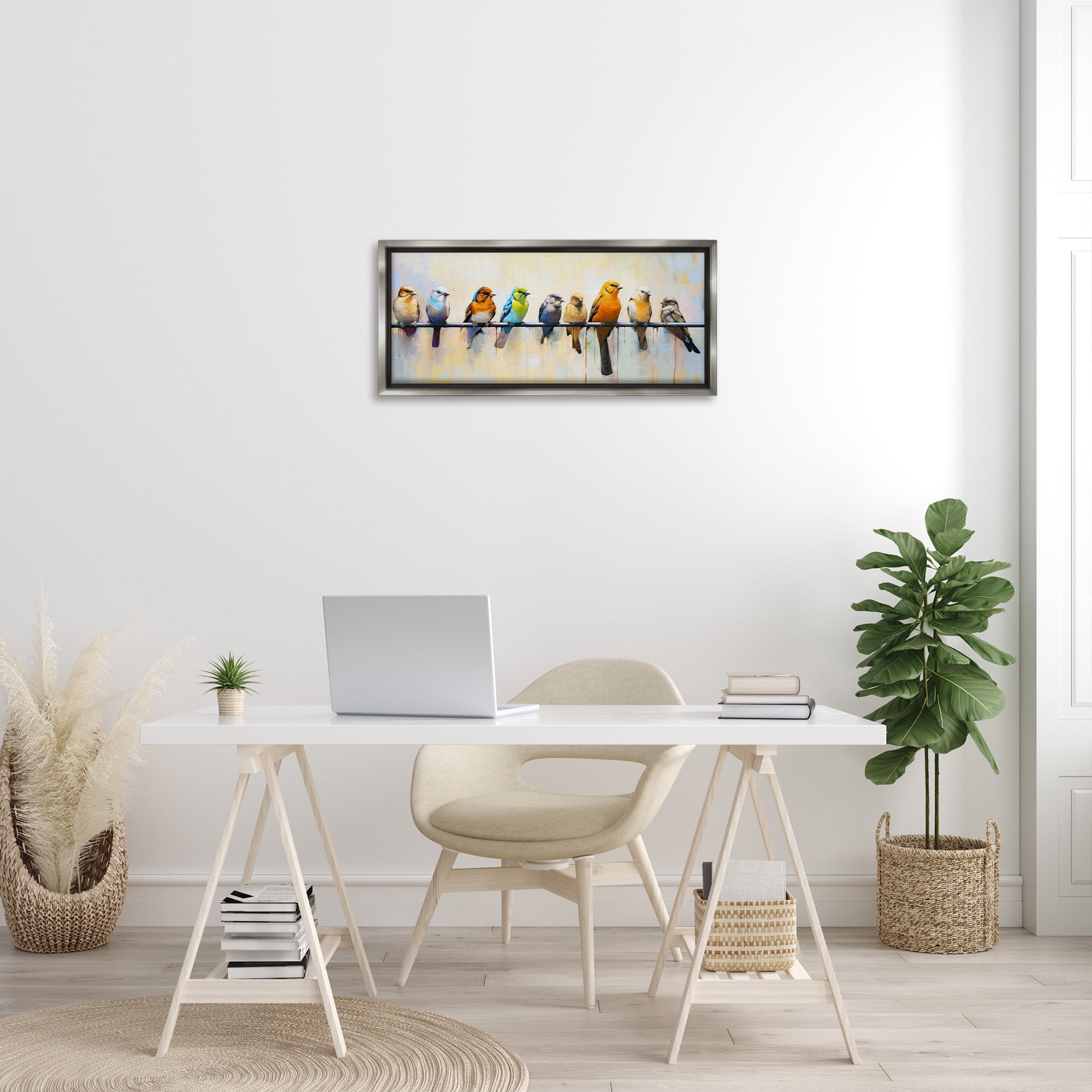 Stupell Industries Modern Birds Perched Animals & Insects Painting Gray Floater Framed Canvas Art Print Wall Art, 31 x 14