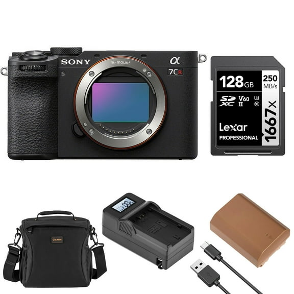 Sony Alpha a7CR Mirrorless Camera Body, Black, Bundle with Shoulder Bag, 128GB SD Card, Extra Battery, Charger