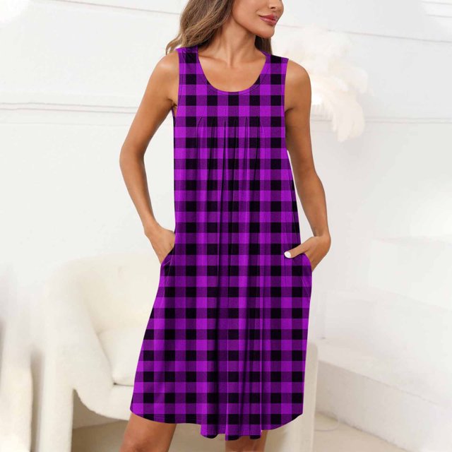 mfyjkho Vestidos para mujer, Camisón sin mangas con bolsillos y estampado para mujer, camisón plisado con cuello redondo Vestidos maxi para mujer m