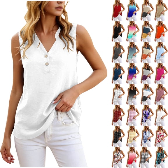 Yourumao Sleeveless Henley Shirts for Women Button Up Tank Tops Sleeveless Solid Casual Tshirts Summer Going Out Tanks