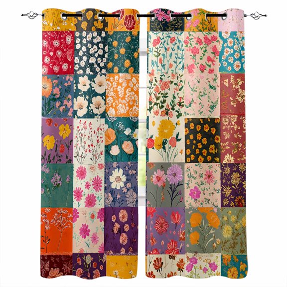 Spring Floral Blackout Curtains for Bedroom/Living Room, Thermal Insulated Kitchen Curtains, Summer Botanical Vintage Checkered Colorful Grommet Darkening Window Treatment Drapes 52"x72"x2