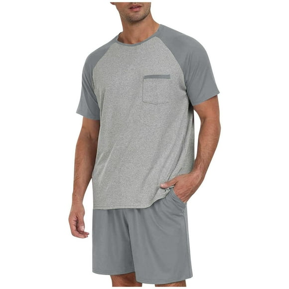 Men's Pajama Set, Short Sleeve Shirt and Shorts Lounge Wear, Soft Knit Sleepwear with Pockets for Comfortable Relaxation & Sleep